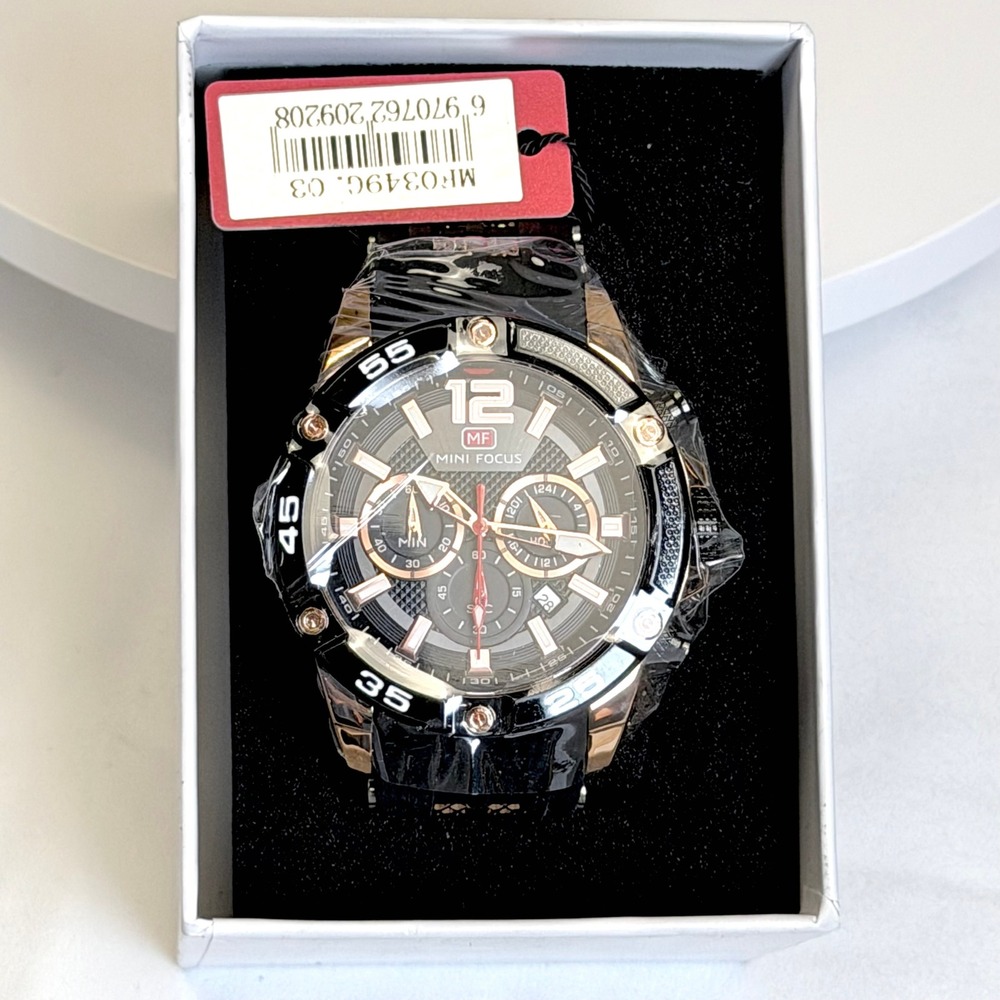 Mini Focus MF0349G Men Watch Chronograph Black Rose Gold Silicone Band New